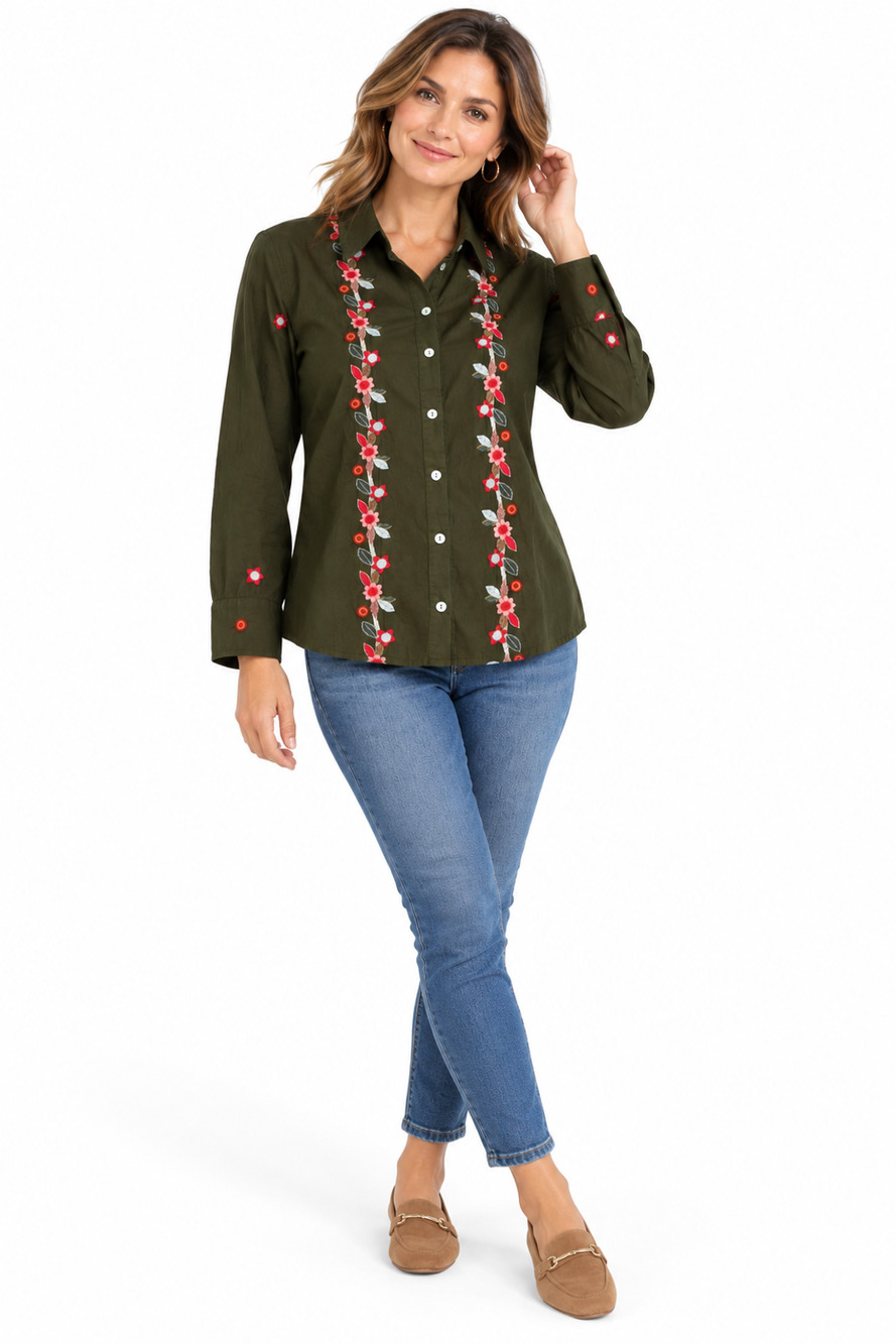 Y2K J. Jill Womens Shirt Top Size Petite M Embroidered Green Lightweight